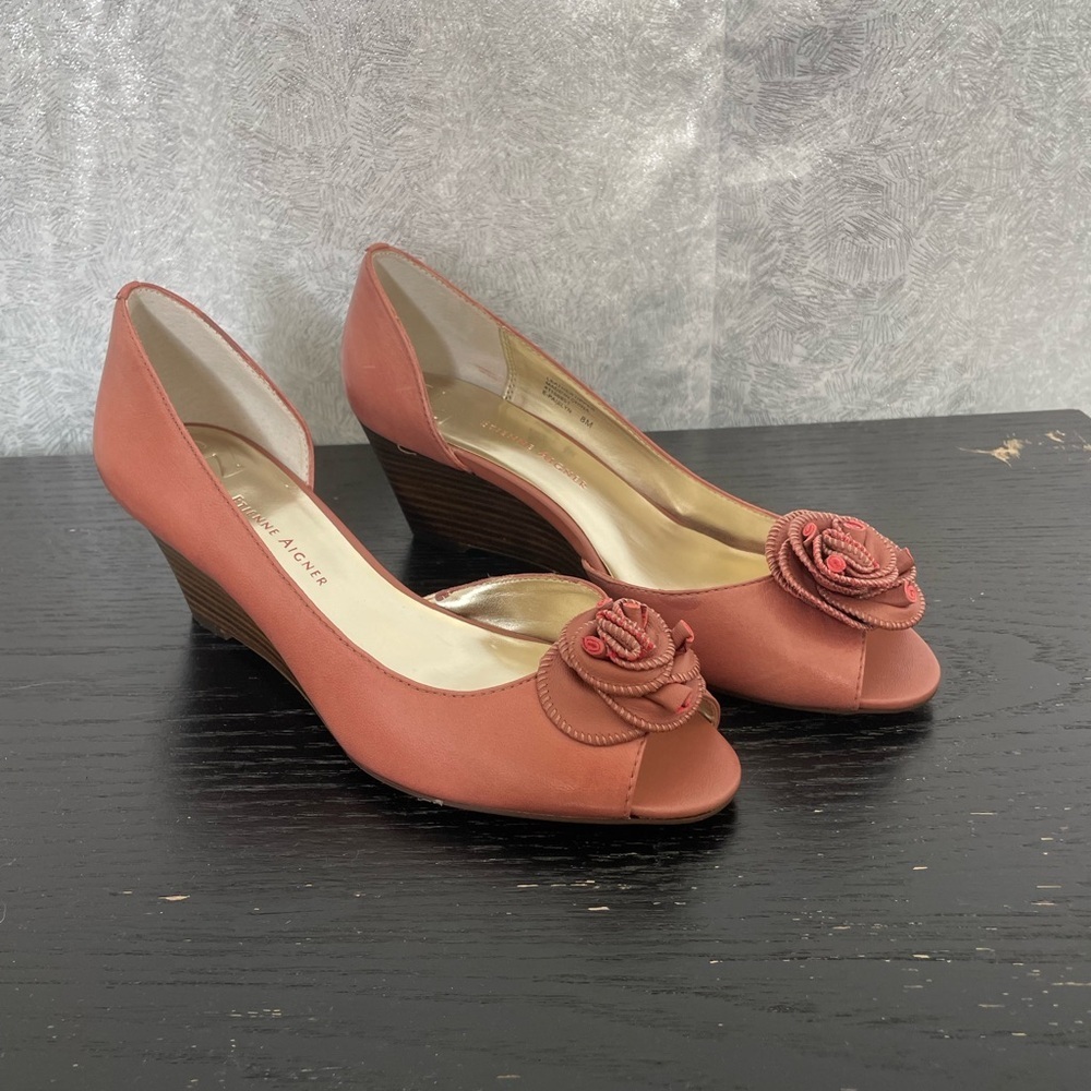 Etienne Aigner Coral Peep Toe Wedge Heels with Floral Accent | 8